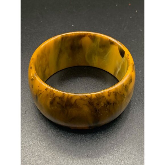 Bakelite Bangle Bracelet Wide Early Plastic Bracelet Marbled Orange Brown Color - Picture 2 of 5
